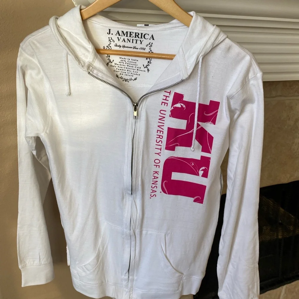 White Kansas Jayhawks Jacket Hoodie Zip up Women’s Large Officially Licensed KU